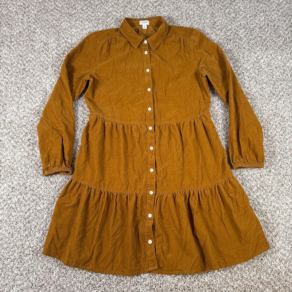 J.Crew Shirt Dress Womens 6 Brown Corduroy Button Front Tiered Long Sleeve